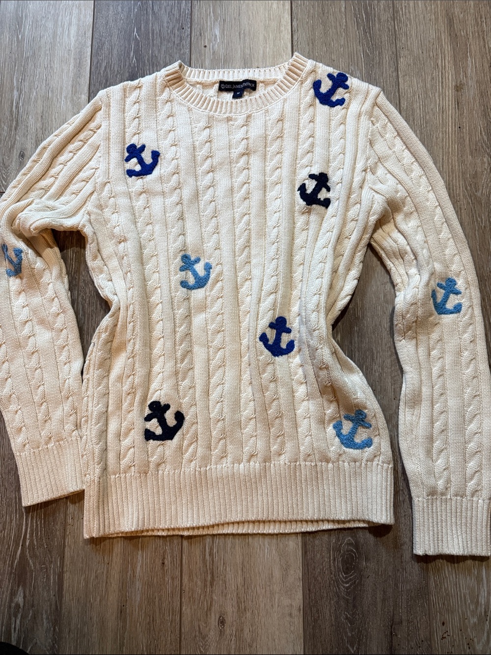Kiel James Patrick Anchors Away blue and cream cable knit sweater women’s medium